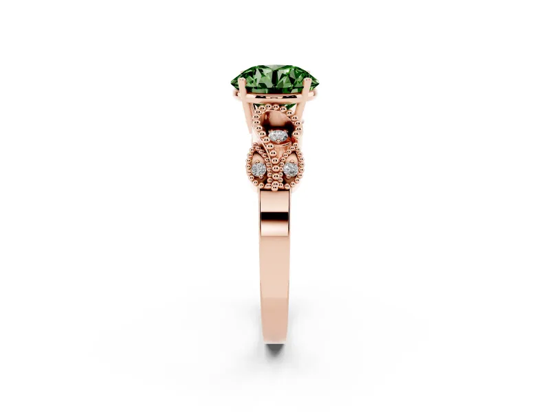 Fancy Green Round Cut Diamond Milgrain Leaf Band Solitaire Ring Set in Rose gold with Accent Stones and Prong Setting