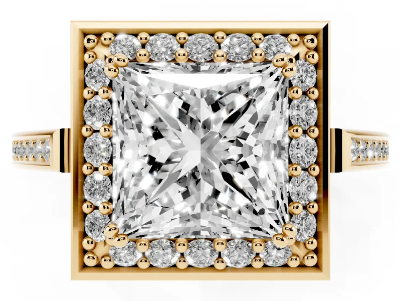 Princess Cut Halo Engagement Ring Setting | Polished Halo Rim | Yellow Gold
