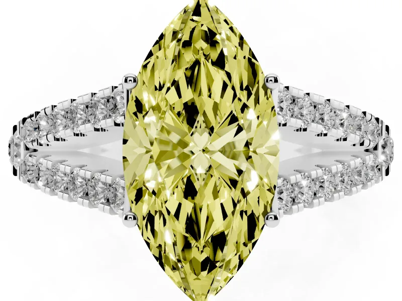 Fancy Yellow Marquise Cut Diamond Split Shank Pavé Engagement Ring Set in Silver with Prong-Held Center Stone