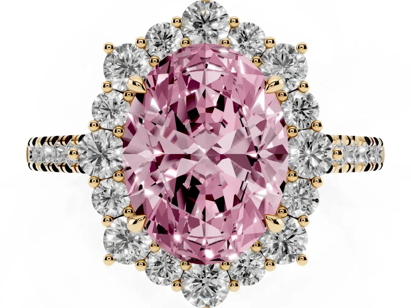 Oval Scalloped Halo Engagement Ring Setting for a Fancy Pink Lab-Grown Diamond | Single Row Pave | Yellow Gold