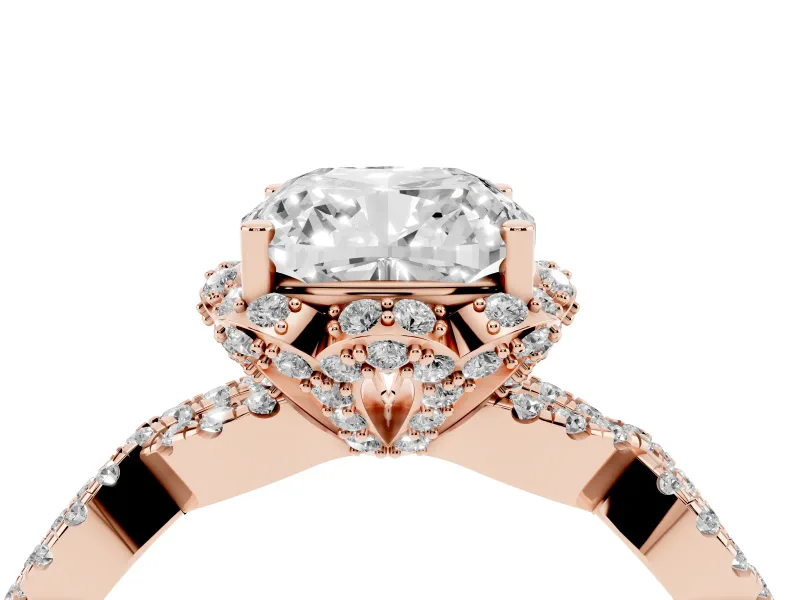 Cushion Cut Diamond Halo Twist Band Solitaire Ring Set in Rose gold with Prong-Set Center Stone
