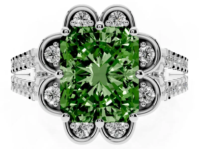 Radiant Cut Floral Halo Engagement Ring Setting for a Fancy Green Lab-Grown Diamond | Pavé Split Shank | Platinum