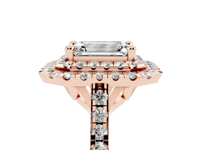 Emerald Cut Double Halo Engagement Ring Setting | Pave Shoulders | Rose Gold