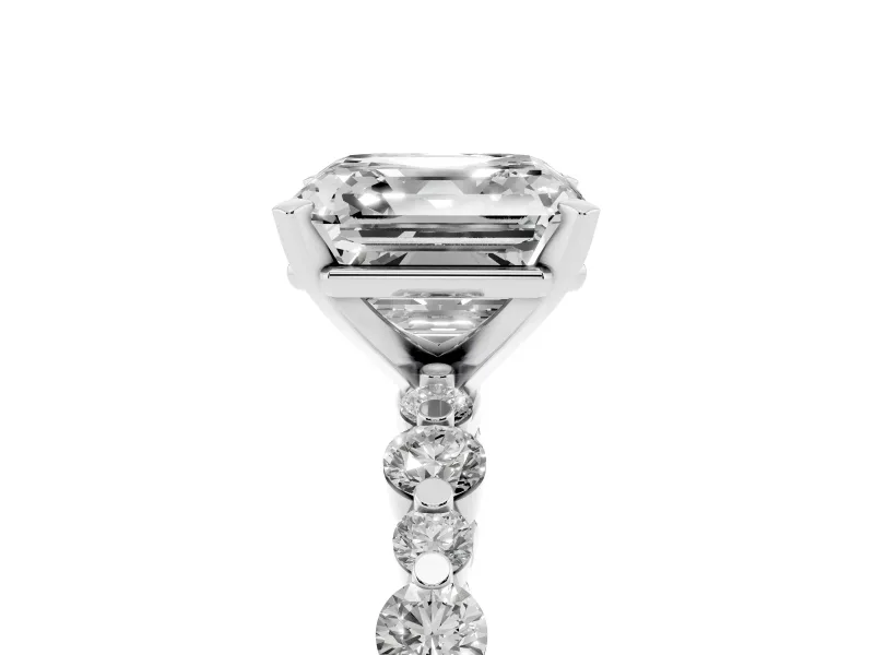 Asscher Cut Diamond Prong Set Engagement Ring Set in Platinum with Round Accent Pavé Band
