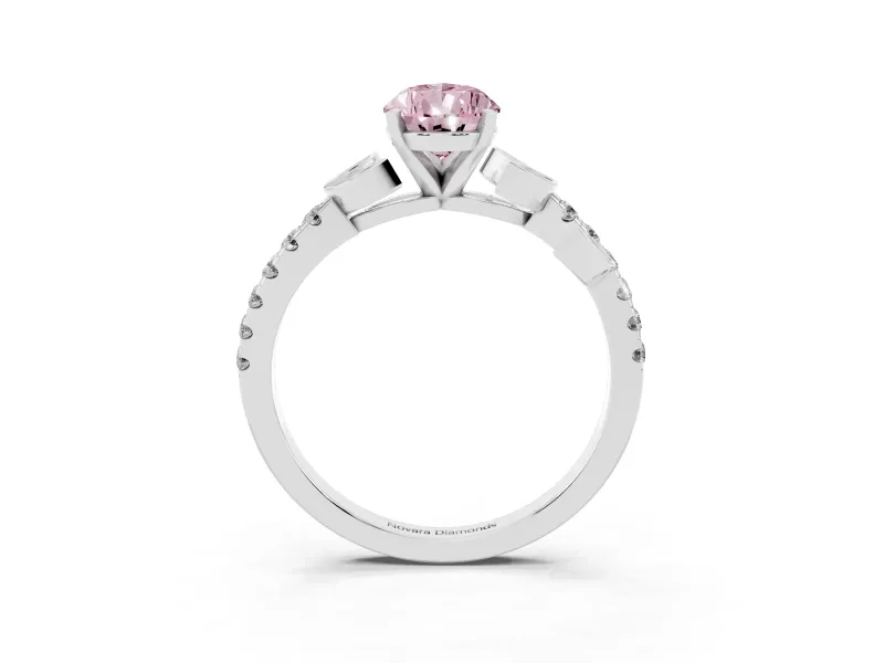 Fancy Pink Pear Cut Diamond Solitaire Leaf-Inspired Ring Set in White gold with Pavé Band and Prong Setting