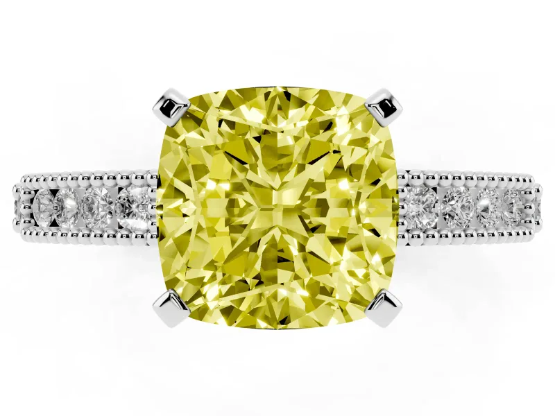 Fancy Yellow Cushion Cut Diamond Solitaire Ring Set in Platinum with Slim Pavé Band and Prong Setting