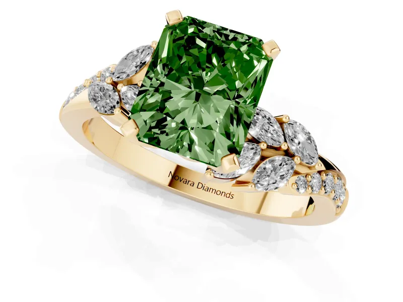 Radiant Cut Floral Engagement Ring Setting for a Fancy Green Lab-Grown Diamond | Marquise Side Stones | Yellow Gold