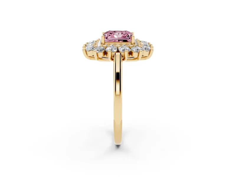 Princess Cut Floral Double Halo Engagement Ring Setting for a Fancy Pink Lab-Grown Diamond | Plain Band | Yellow Gold