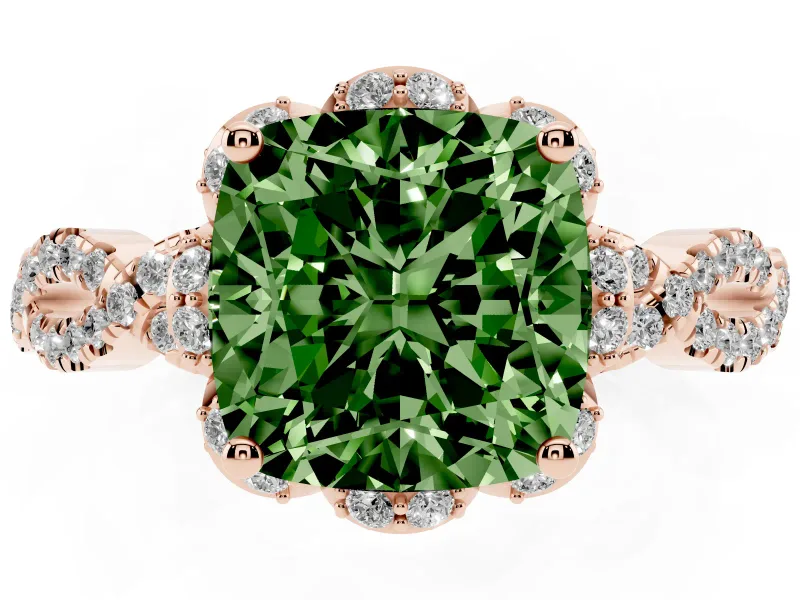Fancy Green Cushion Cut Diamond Halo Twist Band Solitaire Ring Set in Rose gold with Prong-Set Center Stone