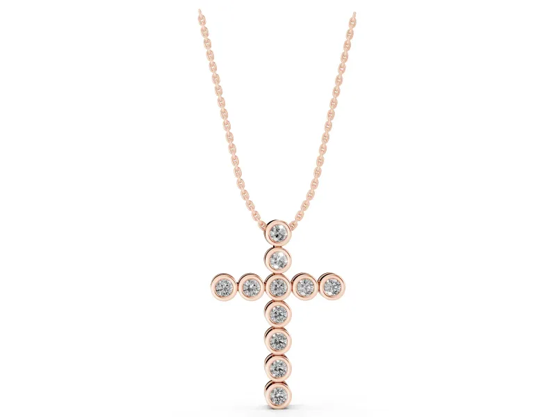 Round Lab-Grown Diamond Bezel Cross Pendant Necklace | Linked Round Bezels | Rose Gold