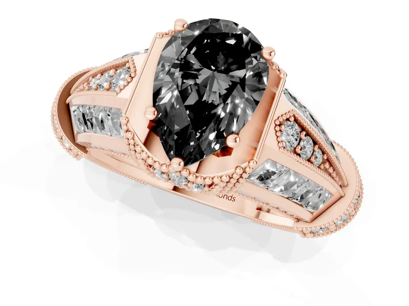 Fancy Black Pear Cut Diamond Vintage-Inspired Milgrain Ring Set in Rose gold with Accent Split Shank