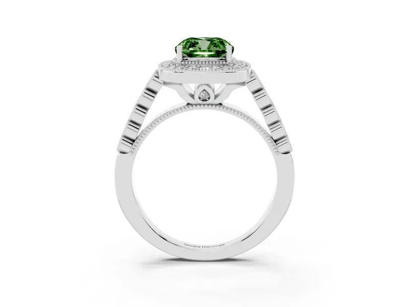 Cushion Cut Graduated Milgrain Halo Engagement Ring Setting for a Fancy Green Lab-Grown Diamond | Platinum