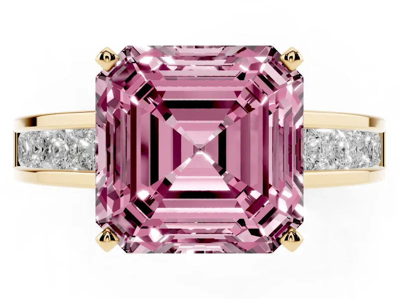 Fancy Pink Asscher Cut Diamond Solitaire Ring Set in Yellow gold with Channel-Set Band and Prong Setting