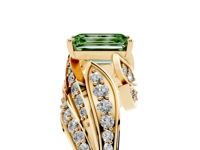 Emerald Cut Bypass Pavé Engagement Ring Setting for a Fancy Green Lab-Grown Diamond | Graduated Pavé | Yellow Gold