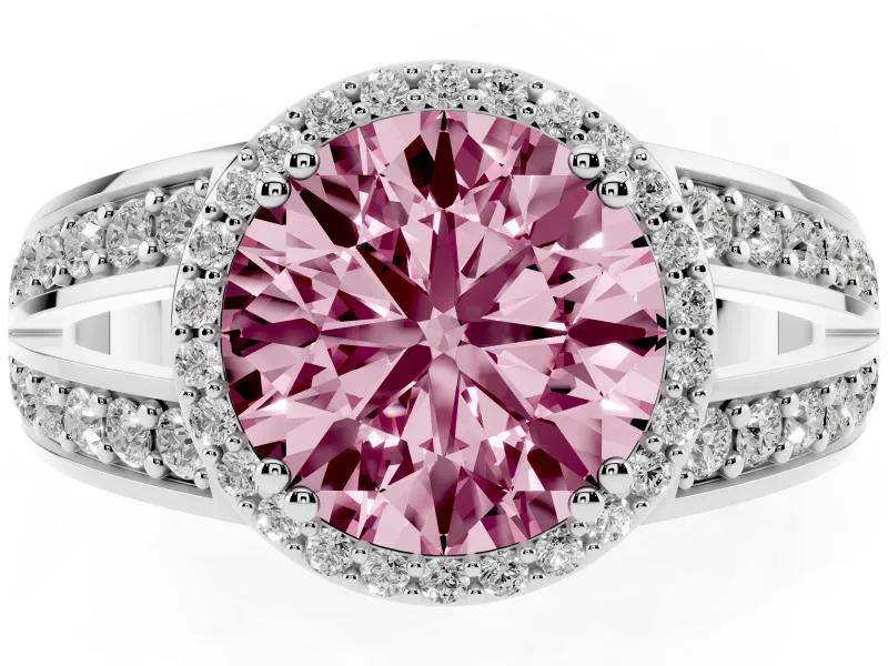Round Halo Engagement Ring Setting for a Fancy Pink Lab-Grown Diamond | Split Shank | White Gold