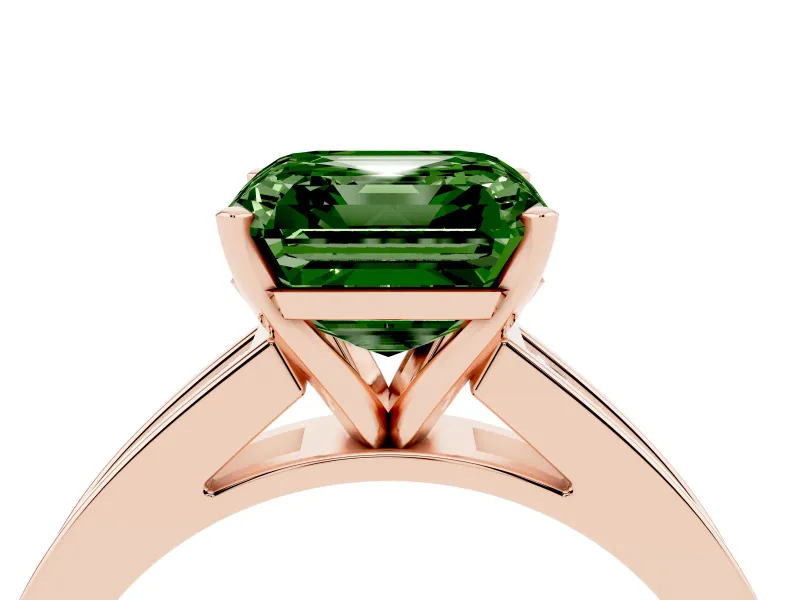 Fancy Green Asscher Cut Diamond Solitaire Ring Set in Rose gold with Channel-Set Band and Prong Setting