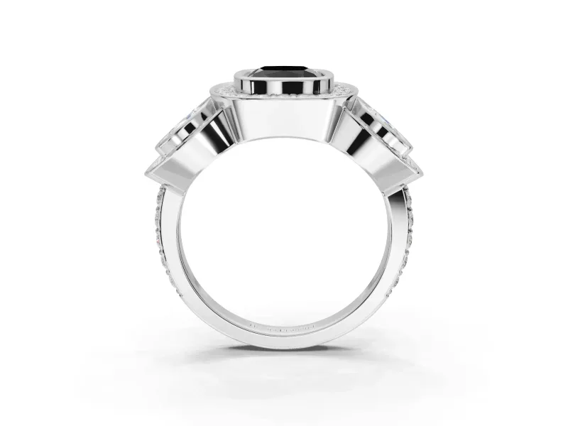 Cushion Cut Three Stone Halo Engagement Ring Setting for a Black Center | Bezel Set | Platinum