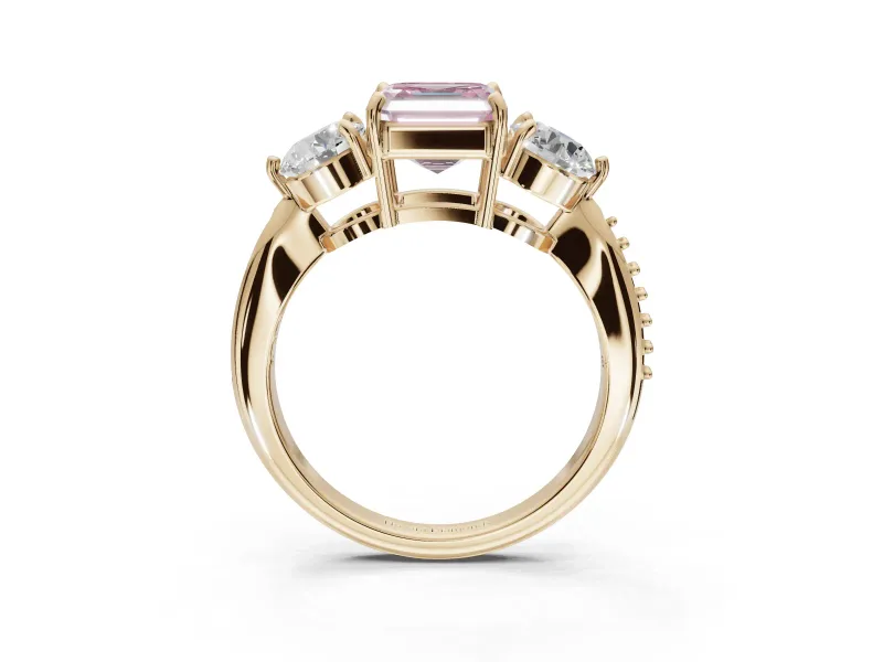 Asscher Cut Three Stone Engagement Ring Setting for a Fancy Pink Lab-Grown Diamond | Tapered Pave Band | Yellow Gold