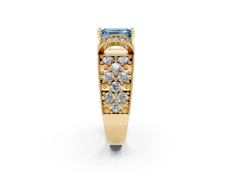 Emerald Cut Vintage Pave Engagement Ring Setting for a Fancy Blue Lab-Grown Diamond | Milgrain Edges | Yellow Gold