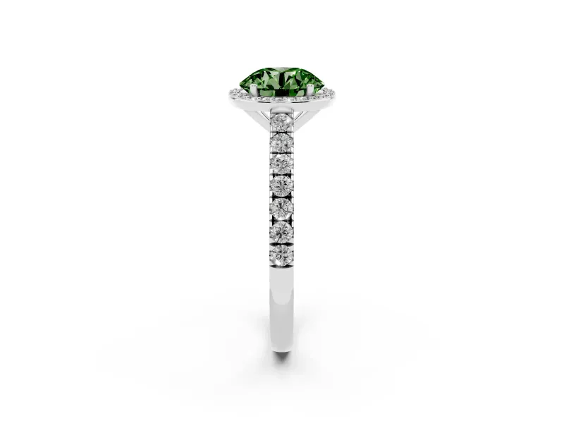 Fancy Green Round Cut Diamond Halo Engagement Ring Set in Silver with Pavé Band and Prong Setting