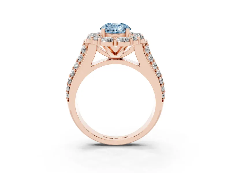Fancy Blue Oval Cut Diamond Halo Engagement Ring Set in Rose gold with Split Shank and Prong Setting