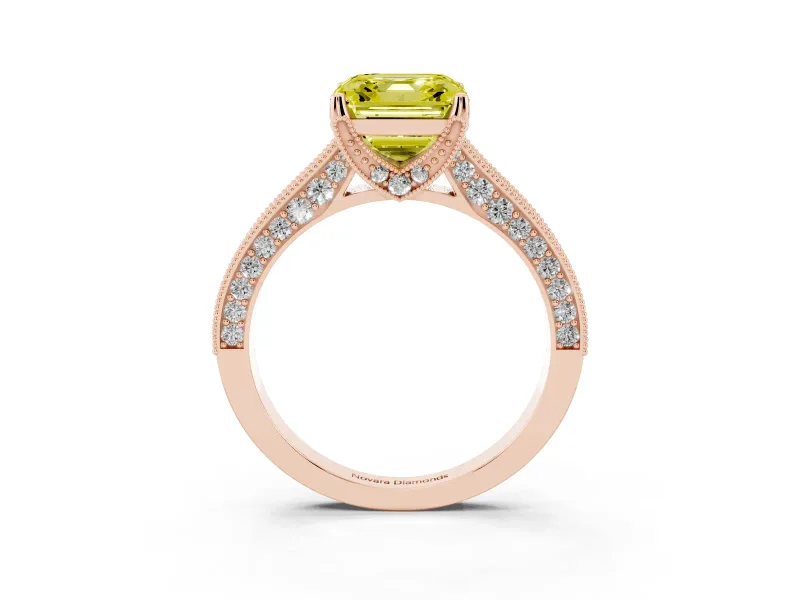 Asscher Cut Hidden Halo Engagement Ring Setting for a Fancy Yellow Lab-Grown Diamond | Milgrain Pave | Rose Gold
