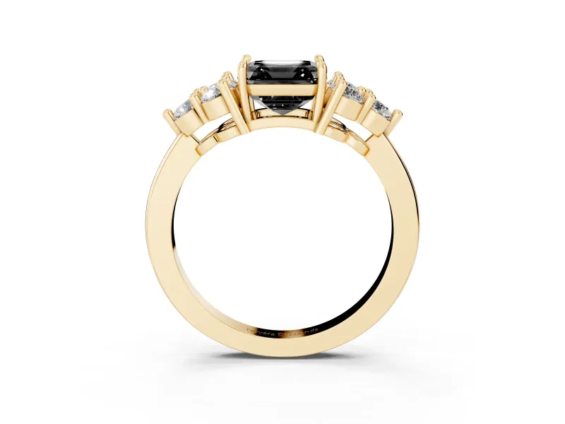 Asscher Cut Cluster Side Stone Engagement Ring Setting for a Black Center | Plain Band | Yellow Gold