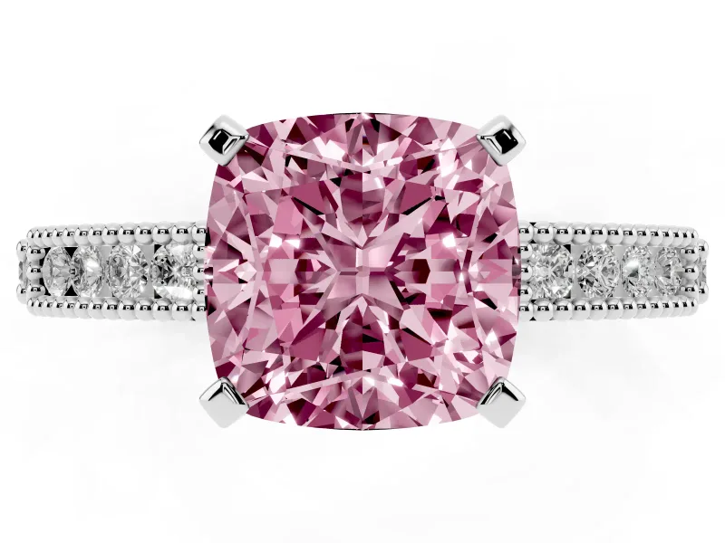 Fancy Pink Cushion Cut Diamond Solitaire Ring Set in White gold with Slim Pavé Band and Prong Setting