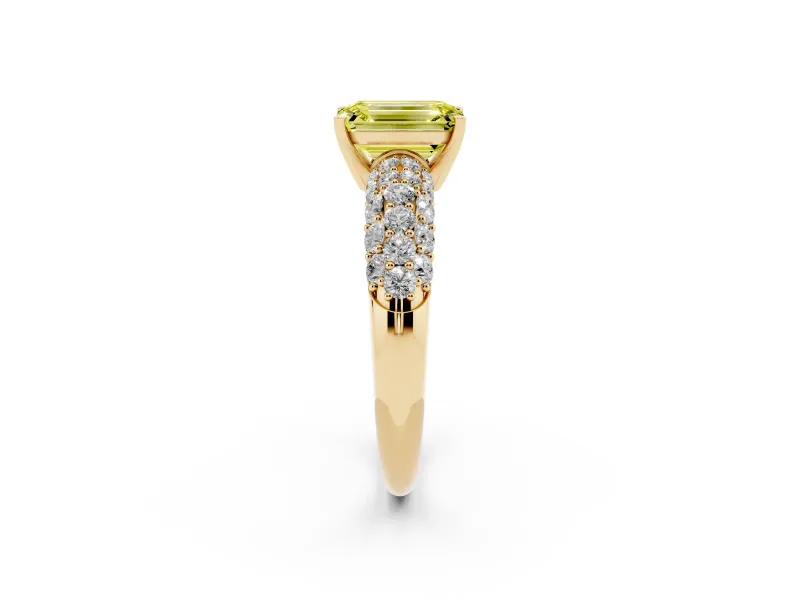 Emerald Cut Close Set Pave Engagement Ring Setting for a Fancy Yellow Lab-Grown Diamond | Multi Row | Yellow Gold