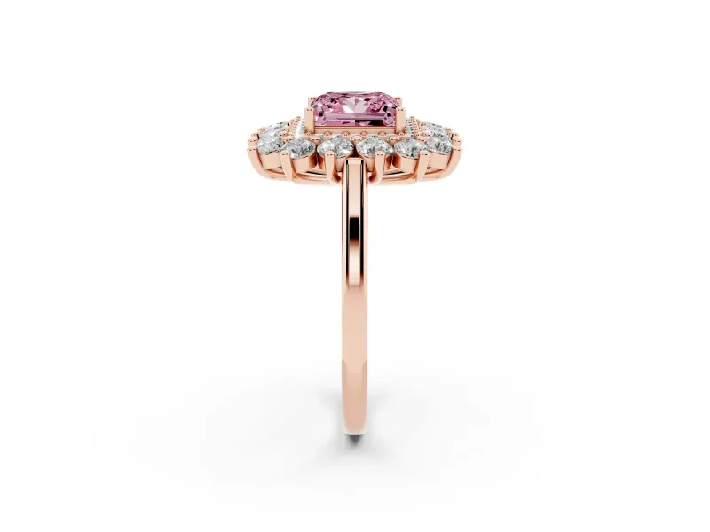 Princess Cut Floral Double Halo Engagement Ring Setting for a Fancy Pink Lab-Grown Diamond | Plain Band | Rose Gold