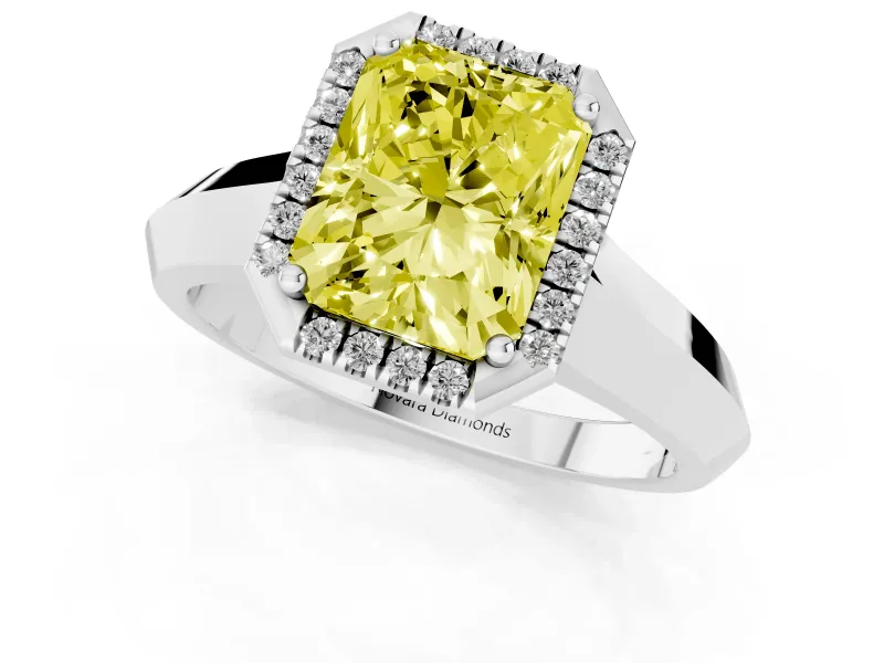 Fancy Yellow Radiant Cut Diamond Halo Ring Set in Platinum with Cathedral Band and Prong Setting