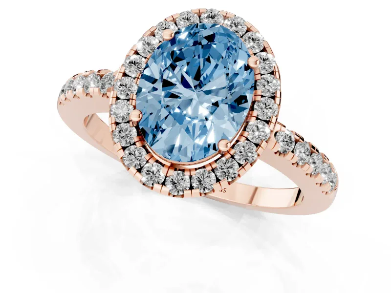 Fancy Blue Oval Cut Diamond Pavé Band Halo Engagement Ring Set in Rose gold with Prong Setting