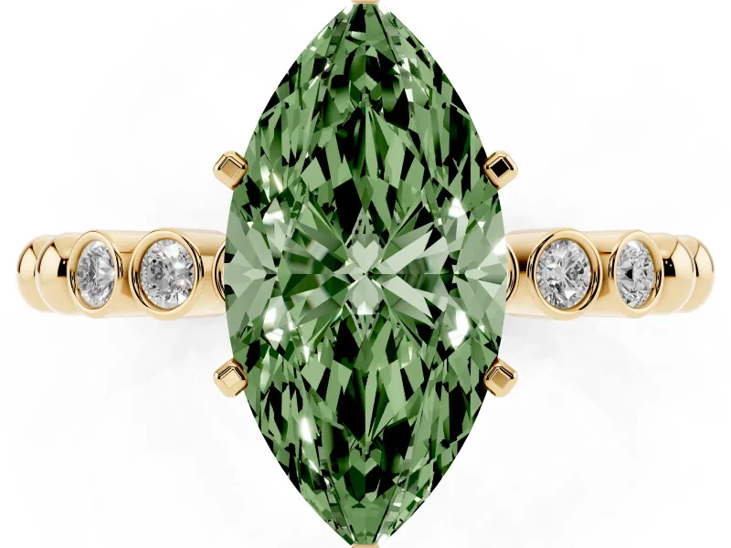 Fancy Green Marquise Cut Diamond Solitaire Engagement Ring Set in Yellow gold with Bezel Accents on Beaded Band