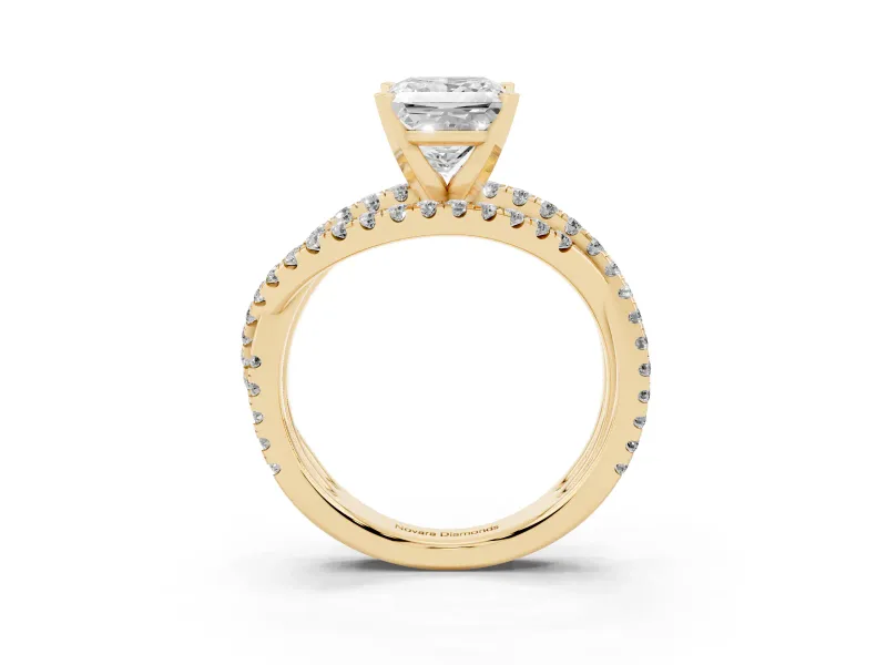 Princess Cut Diamond Solitaire Twist Band Ring Set in Yellow gold with Pavé Setting and Prong Head