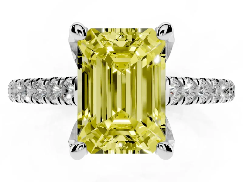 Fancy Yellow Emerald Cut Diamond Solitaire Ring Set in Platinum with Brilliant Pavé Band and Prong Setting