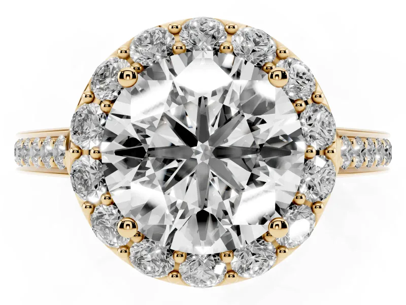 Round Cut Diamond Floral Halo Ring Set in Yellow gold with Pavé Band and Prong Setting