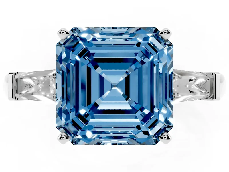 Fancy Blue Asscher Cut Diamond Solitaire Ring Set in Platinum with Tapered Baguette Side Stones and Prong Setting