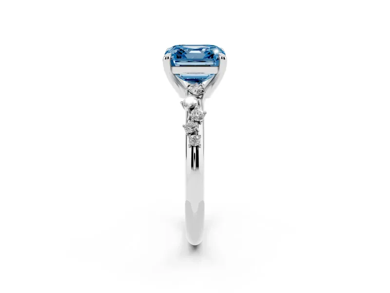 Fancy Blue Asscher Cut Diamond Solitaire Vine Band Ring Set in Platinum with Round Accents and Prong Setting