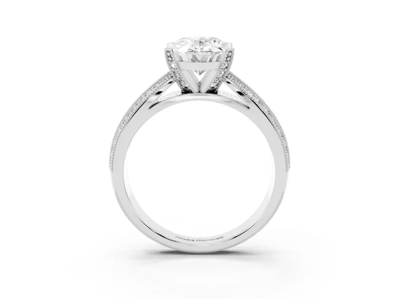 Oval Cut Diamond Solitaire Ring Set in Platinum with Milgrain Double Row Round Pavé Band