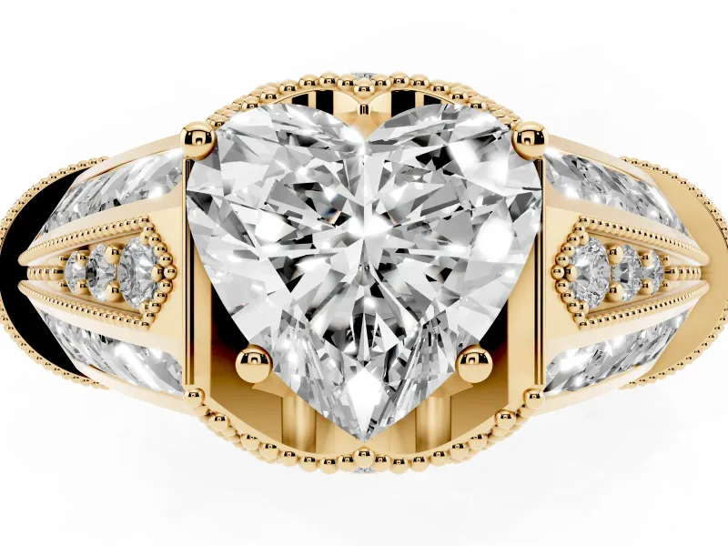 Heart-Shaped Vintage Milgrain Engagement Ring Setting | Hidden Halo | Yellow Gold