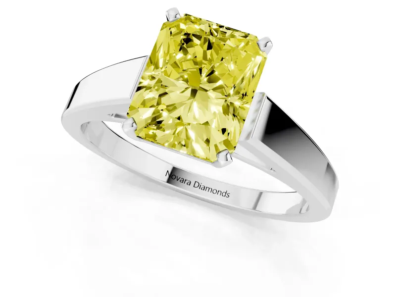 Fancy Yellow Radiant Cut Diamond Solitaire Engagement Ring Set in Silver with Prong Setting and Tapered Band