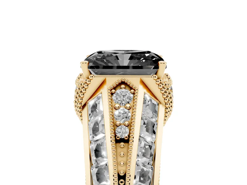 Radiant Cut Vintage Milgrain Engagement Ring Setting for a Black Center | Hidden Halo | Yellow Gold