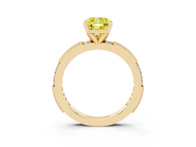 Fancy Yellow Cushion Cut Diamond Solitaire Ring Set in Yellow gold with Slim Pavé Band and Prong Setting