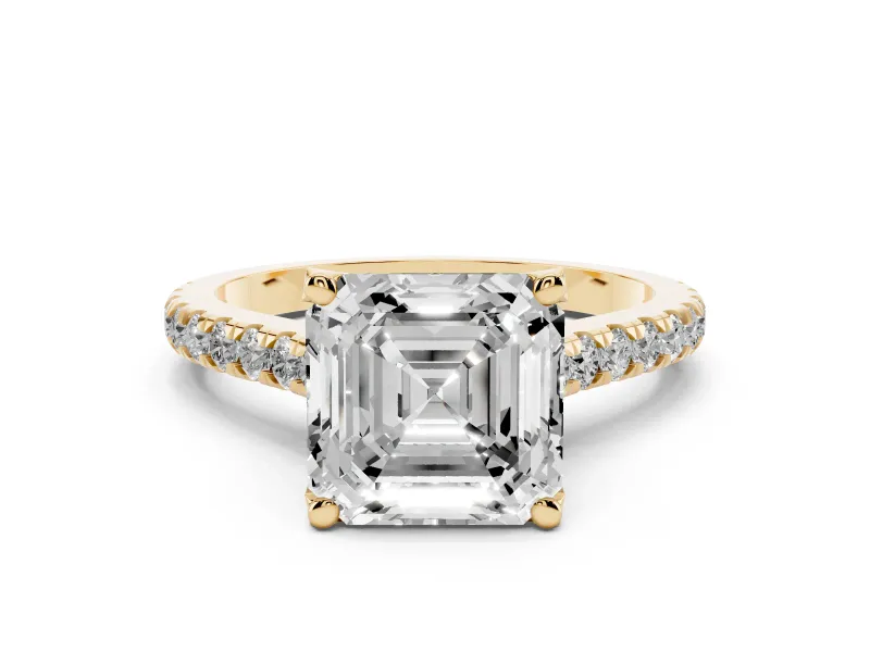 Asscher Cut Diamond Solitaire Ring Set in Yellow gold with Brilliant Pavé Band and Prong Setting