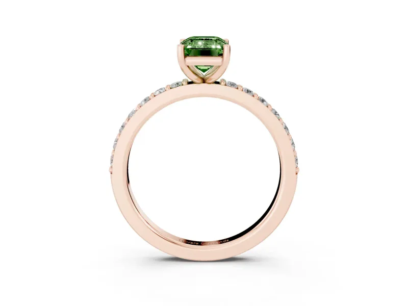 Fancy Green Emerald Cut Diamond Solitaire Set in Rose gold with Round Pavé Band and Prong Setting