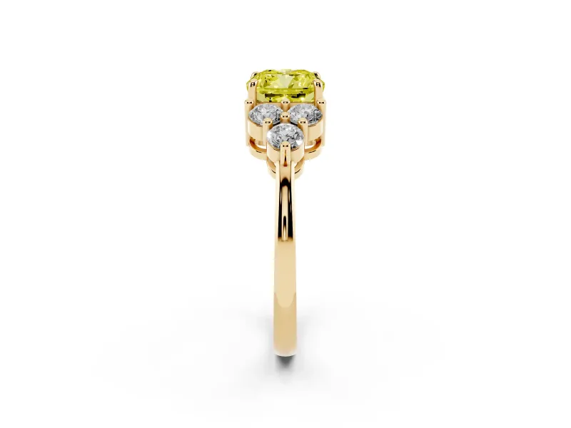 Cushion Cut Cluster Side Stone Engagement Ring Setting for a Fancy Yellow Lab-Grown Diamond | Plain Band | Yellow Gold