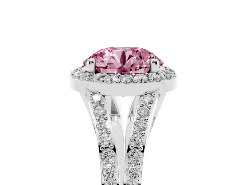 Round Halo Engagement Ring Setting for a Fancy Pink Lab-Grown Diamond | Pave Split Shank | Platinum