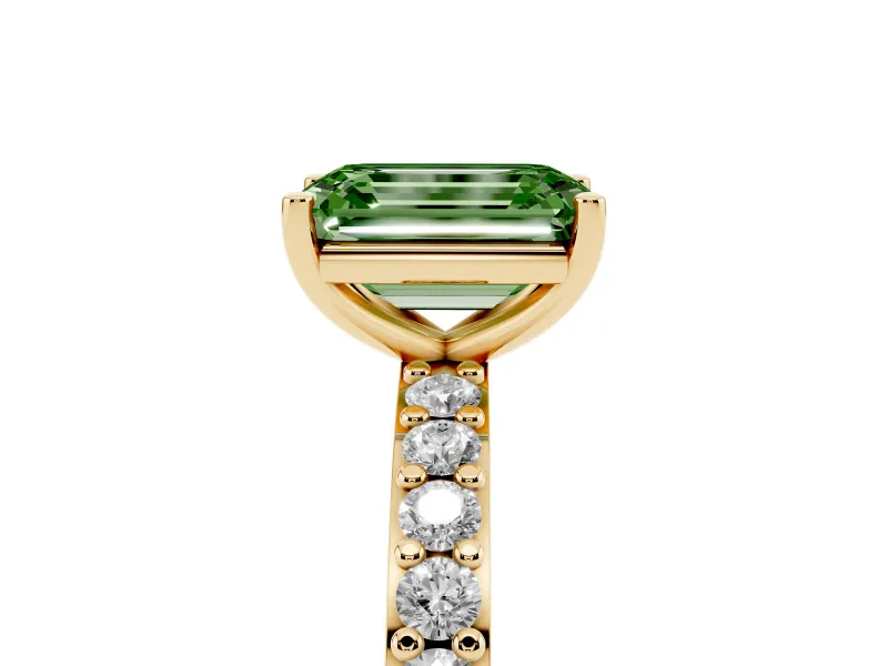 Emerald Cut Pavé Solitaire Engagement Ring Setting for a Fancy Green Lab-Grown Diamond | Single Row Band | Yellow Gold