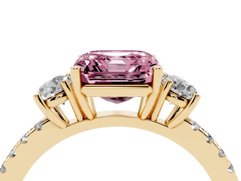 Asscher Cut Three Stone Engagement Ring Setting for a Fancy Pink Lab-Grown Diamond | Pave Shoulders | Yellow Gold