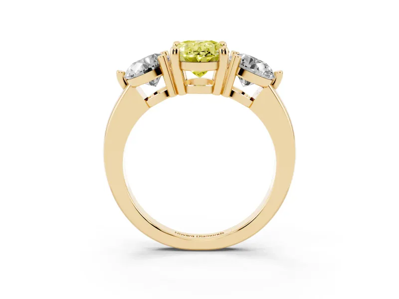 Oval Three Stone Engagement Ring Setting for a Fancy Yellow Lab-Grown Diamond | Open Prong Baskets | Yellow Gold